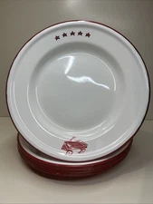 Set of 7- 9” Vintage Enamelware Plates White With Red Trim TAIPRO Red Wagon Star