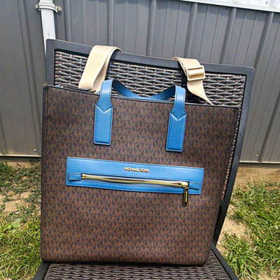 Michael Kors Brown/Blue Logo Tote Bag Double Handles Detachable Strap