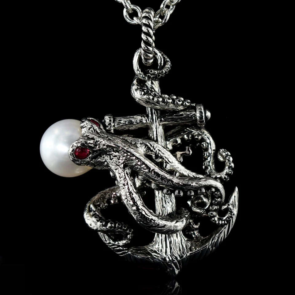 Pulpo Negro Mar del Sur Perla Grande, Collar Pulpo, Ancla Pulpo Colgante Foto 4 de 4