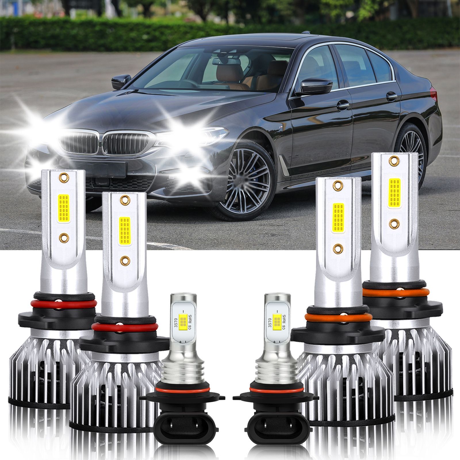 For BMW 530i 1994-1994 9005 9006 9145 LED Headlight+Fog Light Bulbs Combo 6000K
