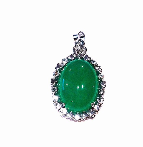 Green Jade Pendant with Oval Shape Design with Rhodium Plated Bail Silver Tone - Picture 2 of 4