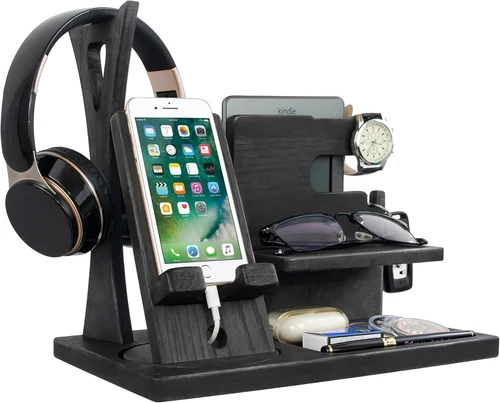 Handmade Desk Organizer with Headphone Stand, Rotating Phone Stand, Accessories 