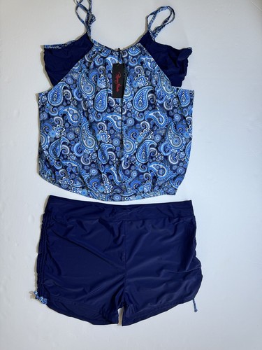 Hanna Nikole Damen Übergröße gestreift bedruckt Träger Tankini Oberteil mit Shorts 26W - Bild 2 von 7