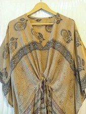 Crepe Dress Tunic Kaftan Midi Caftan Woman Cover Up Printed Beige KFNM1328