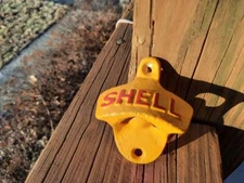 CAST IRON SHELL OIL GASOLINE BOTTLE OPENER! WALL MOUNT ADVERTISING BEER SODA POP