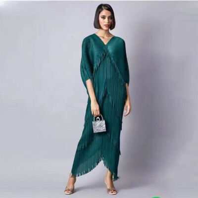 Pleated Dress Woman Sleeve Loose Casual Style V Collar Long Dresses Spring  | eBay
