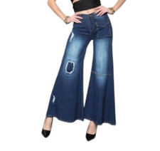 Dark Wash Jeans Blue High Rise Ultra Wide Leg Cropped Distressed