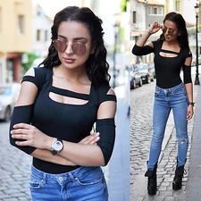 Women Bodysuit Top Blouse Long Sleeve Black Body Ladies Fashion Thong Body Suit 