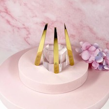 Set of golden tweezers includes:fine point, flat point, slant point and case