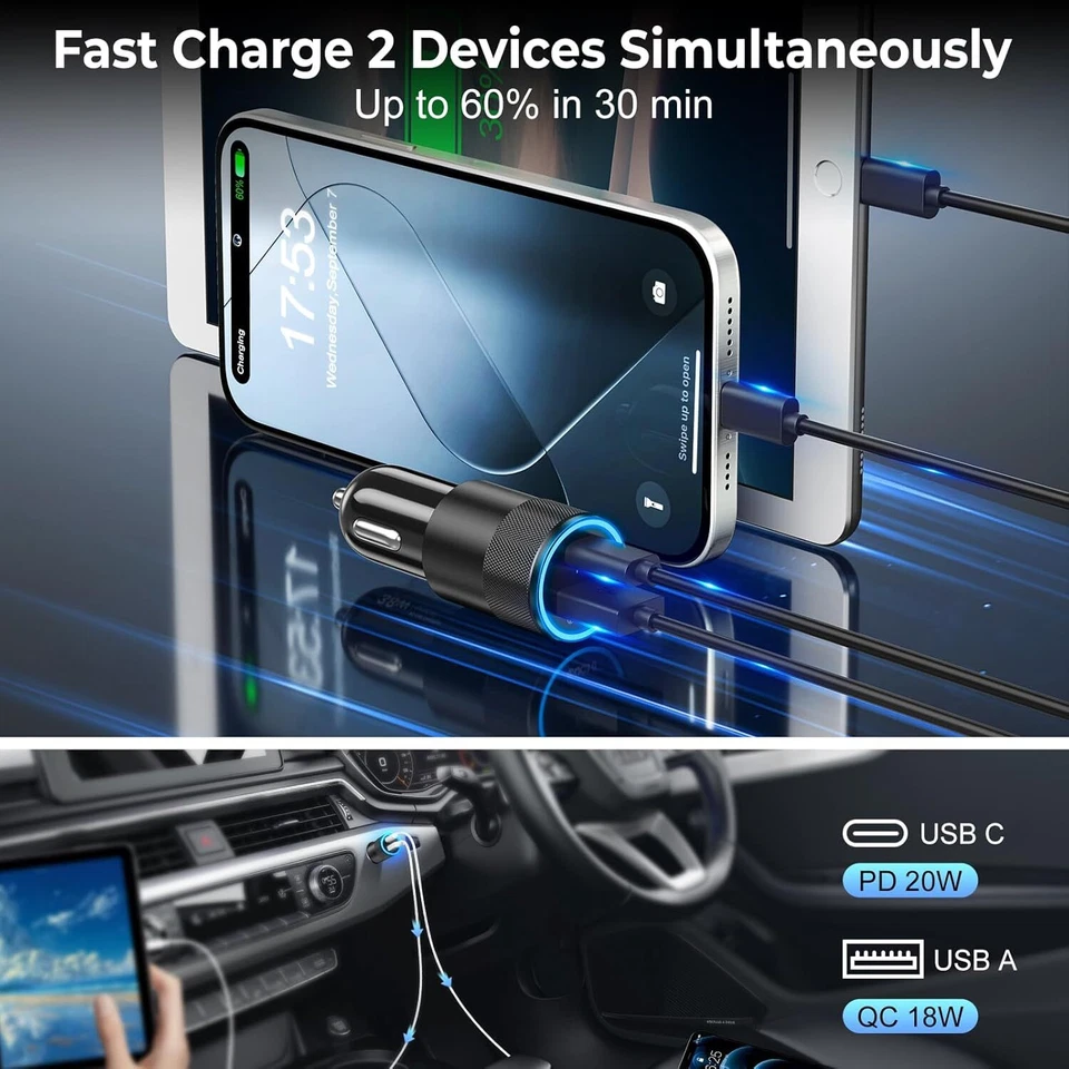 38 Вт 12 В USB C автомобильный телефон быстрое зарядное устройство адаптер PD/QC USB A прикуривателя штепсельная вилка - Изображение 4 из 4