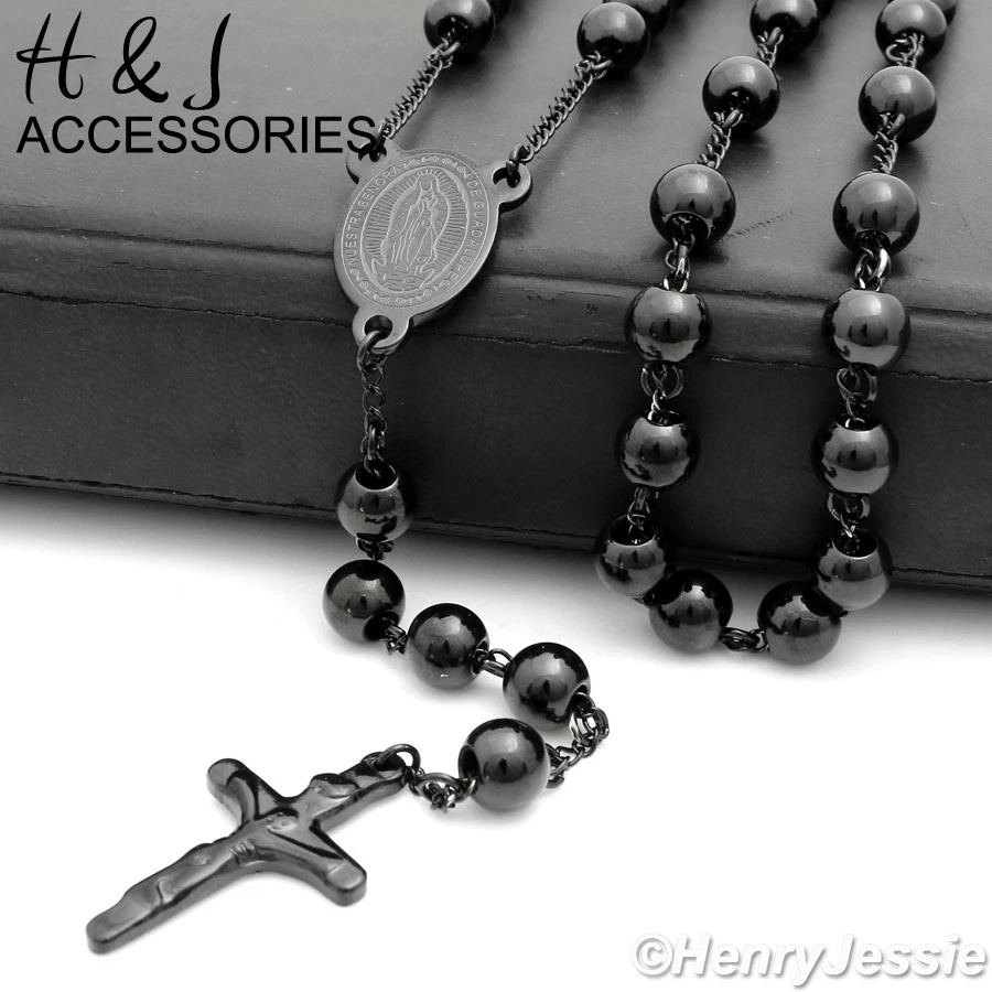 Collar Rosario Virgen María 26+5" HOMBRE Acero Inoxidable 6mm Negro Cuentas*RN11 Foto 2 de 2
