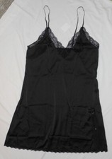 Ekouaer Women's XXL Black Satin Lace Trim Chemise Nightgown NWT