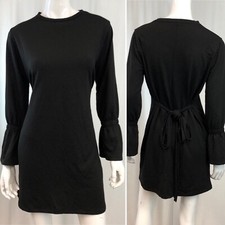 Zara Trafaluc Small Black Flare Sleeve Stretchy Tie Back Shirt Mini Tunic Dress