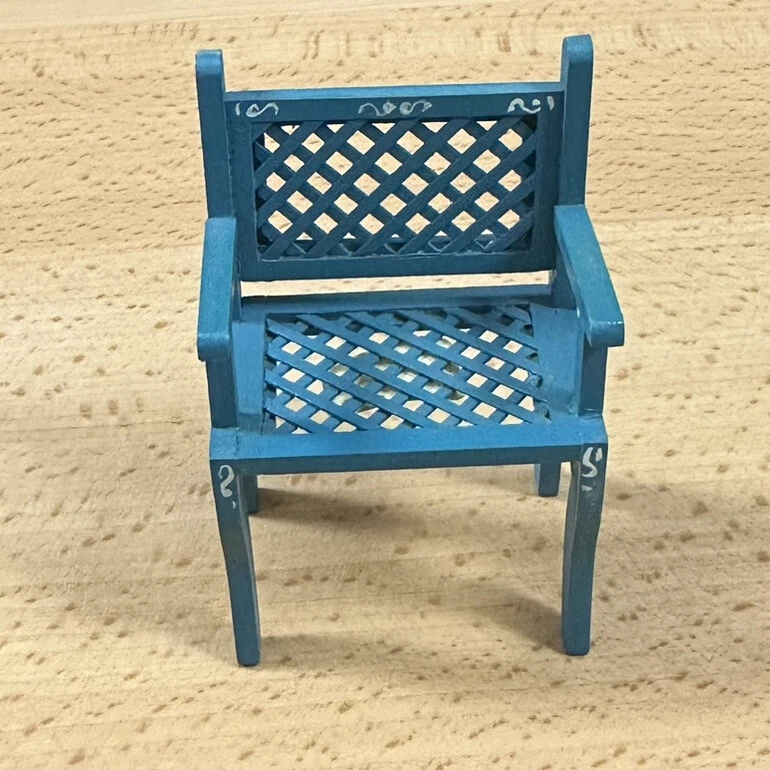 Artisan Dollhouse Miniature Kitchen Chair Patio Blue Hand Painted Signed Lattice - Image 3 of 4