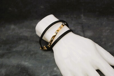 Henri Bendel Gold Tone Buckle and Rivet Cuff Black Leather Wrap