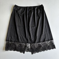 Vintage 60S Vanity Fair Black Nylon Slip Skirt Sheer Lace Trim Hem Slit Sz M
