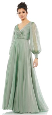 Mac Duggal Sheer Blouson Sleeve Surplice Gown Sage Size US 8 Mac Duggal Sheer Blouson Sleeve Surplice Gown Sage Size US 8