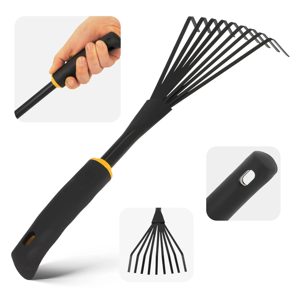 Kleinbesen Garten Handrechen Stahl 9 Zinken Breite 14 cm Ergonomischer Griff - Bild 2 von 4