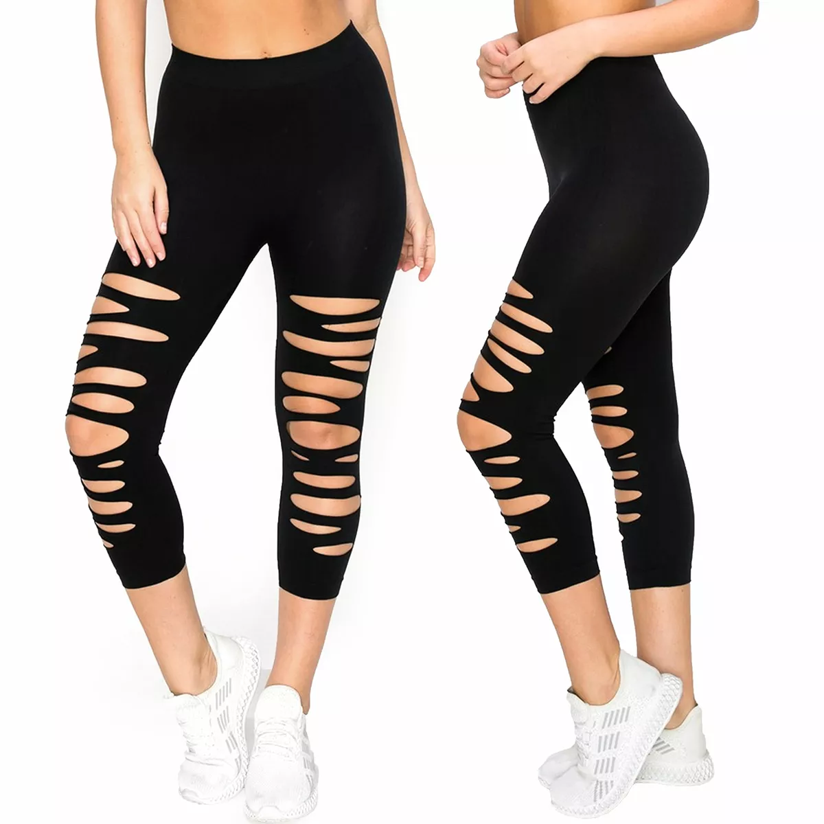 Women Seamless Capri Leggings Ripped Slit One Size Stretch Pant Basic Yoga  Black