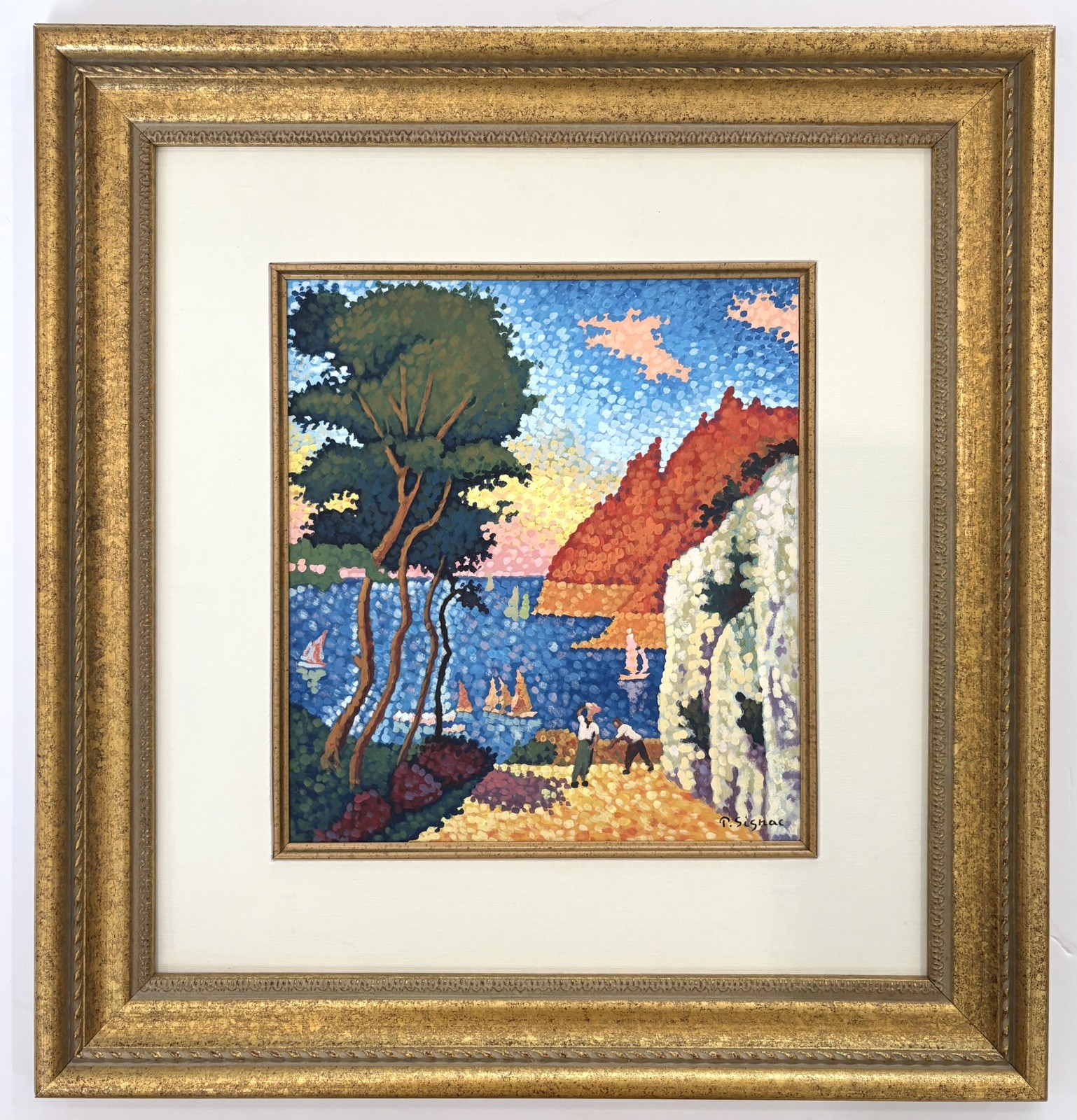 Paul Signac Oil On Heavy Paper in The style of. 1863-1935 Matted Framed, signed