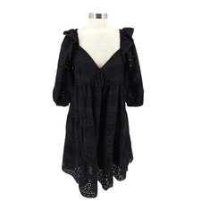Gibson Latimer Fit Flare Tiered Dress Black Eyelet Ruffle 3/4 Sleeve V Neck XL