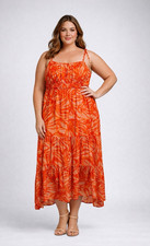 Taylor Orange Tropical Dress 18W Sleeveless Tiered Midi NWT