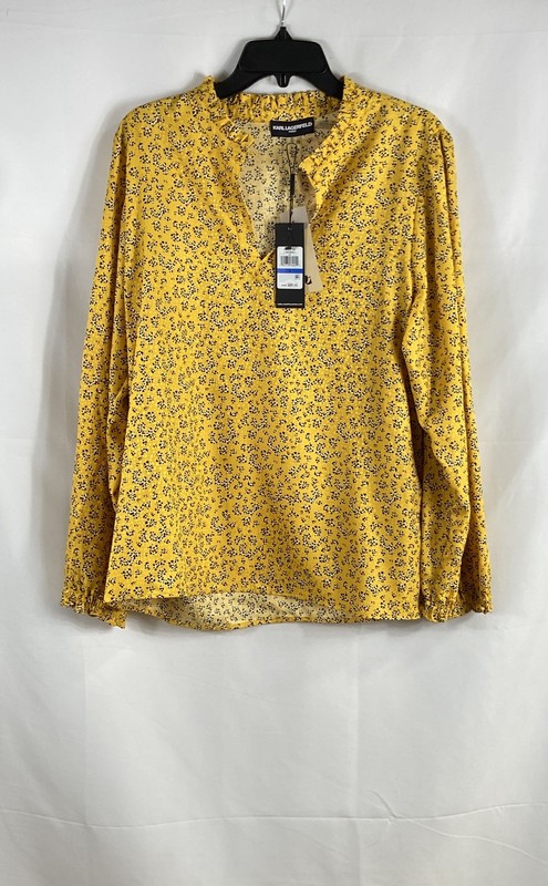 Karl Lagerfeld Women's Blouse Yellow Black Floral Ruffle Split Neck NWT Sz XL