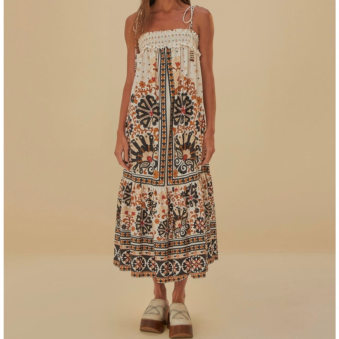 Farm Rio | Flower Fan Tapestry Off-White Midi Dress | eBay
