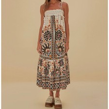 Farm Rio | Flower Fan Tapestry Off-White Midi Dress