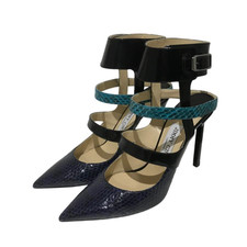 JIMMY CHOO DRISS Python Strappy Pointed Toe Pumps NV BK US5.5/EX LTD From JP