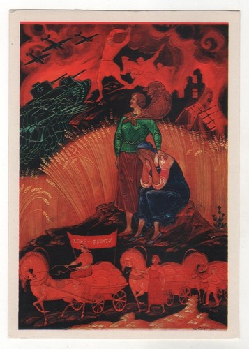 1979 WWII WAR Women Battle TANK Horse Palekh STYLE RUSSIAN POSTCARD OLD - 第 1/2 張圖片