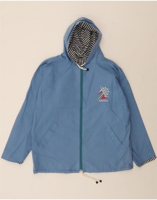 VINTAGE Herren Greece Graphic Hooded Bomber Jacket UK 38 Medium Blue Cotton BE01