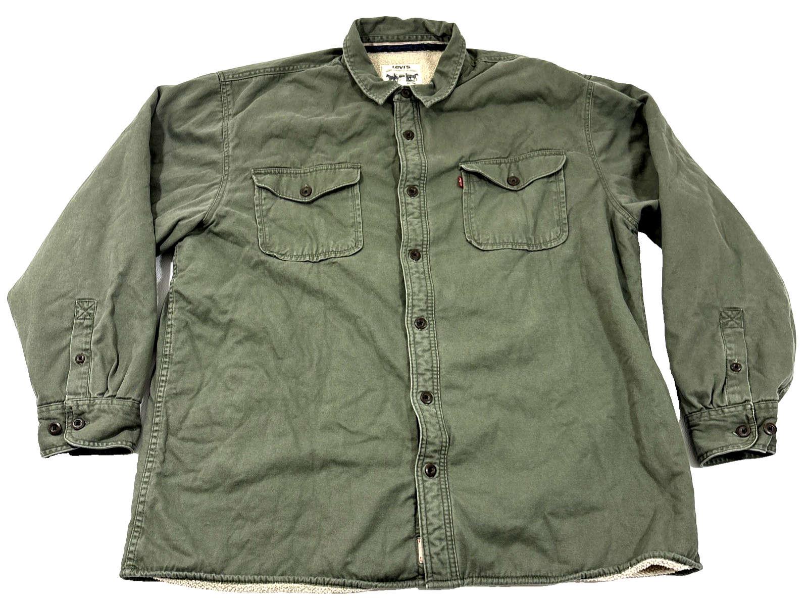 Levis Mens XXL Green Sherpa Lined Utility Military Jacket Selvedge Collar Cotton