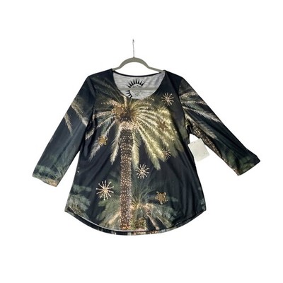 Sun Bay Petite Sunny Day Tech Palm Tree Print Sequin Blouse NEW