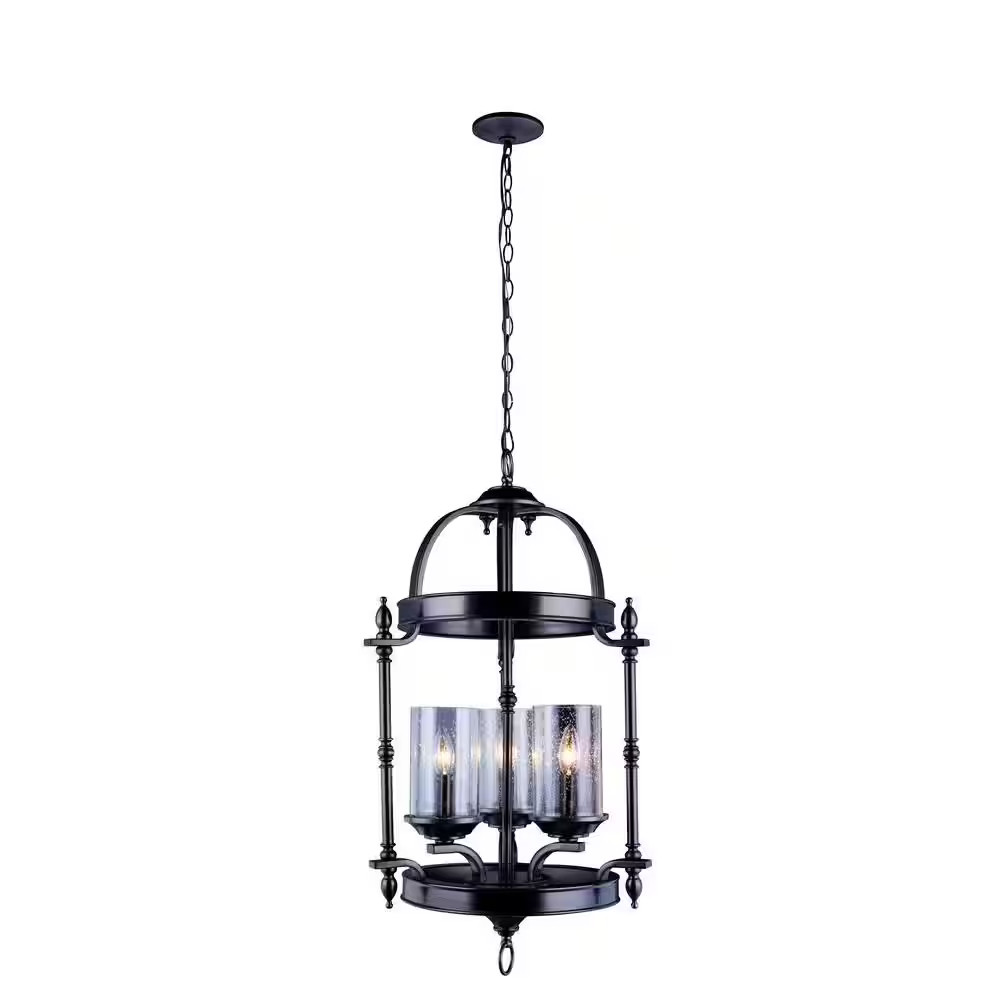 World Imports Tresor 3-Light Pendant, Antiqued Pewter, Clear Seeded Glass Shades