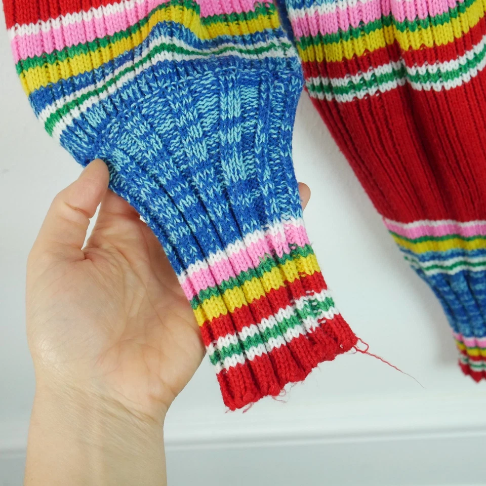 Vintage S M Vestido Suéter Arco-íris Gola Alta Anos 70 Listra Túnica Multicolorida Mini - Imagem 3 de 4