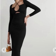 REFORMATION Alexei Black Knit Long Sleeve Tie Neck Midi Dress Medium