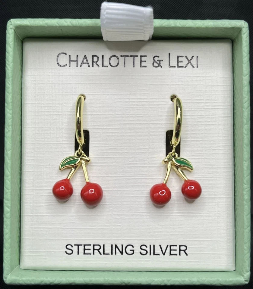 Pendientes Charlotte & Lexi plata esterlina 925 tono oro esmalte cerezas y hojas Foto 2 de 2