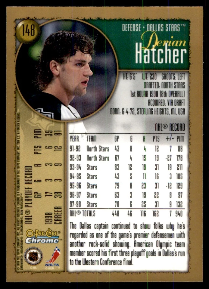 1998-99 O-Pee-Chee Chrome Derian Hatcher Dallas Stars #148 - Image 2 of 2