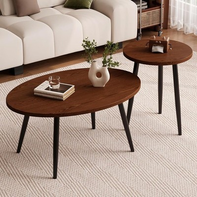 2 Pcs Oval Coffee Table,Retro Walnut Coffee Tables Nesting Tables Set,Easy