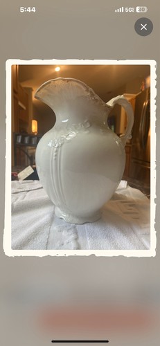 White Ironstone Pitcher with Handle, Embossed Floral Ribbed Details, Glossy