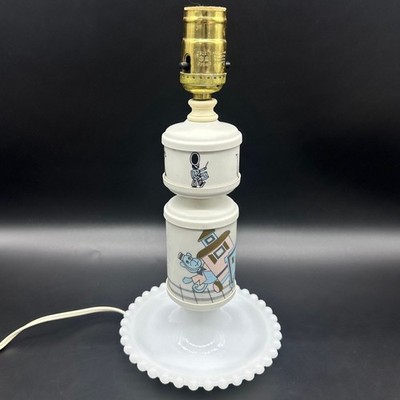 Vintage Milk Glass Lamp Childs Nursery 1950s Kitsch Pink Blue Monkey Mouse Train