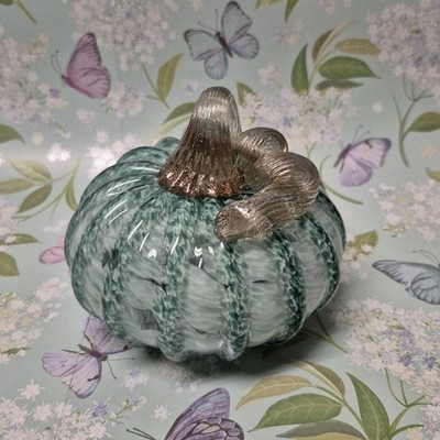 Art Glass Green White Pumpkin Curly Gold Glitter Stem 5.5x 4'' Hand Made EUC