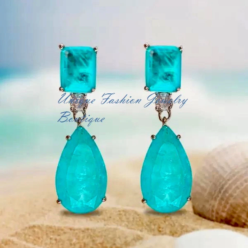 8 CTW Paraiba Tourmaline Drop Earrings Wedding Jewelry Gift 18K Platinum Plated - Image 2 of 4