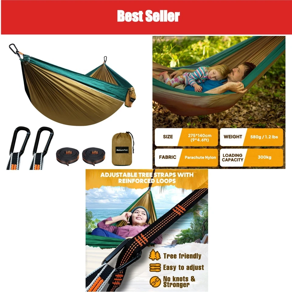 Hamac de voyage NatureFun 275 x 140 cm Nylon 300 kg Camping Jardin - Photo 1/4