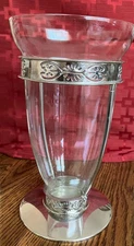FTD Floral Vase Clear Glass w/ Silver-tone Base & Rim 9" Tall 5 1/4  Dia. 1960