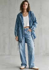 Denim Jacket Acid Wash Hooded Cinched Tie Wai...