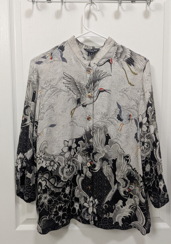 Citron Santa Monica Asian Black White Crane Wave M Silk Shirt Button Down