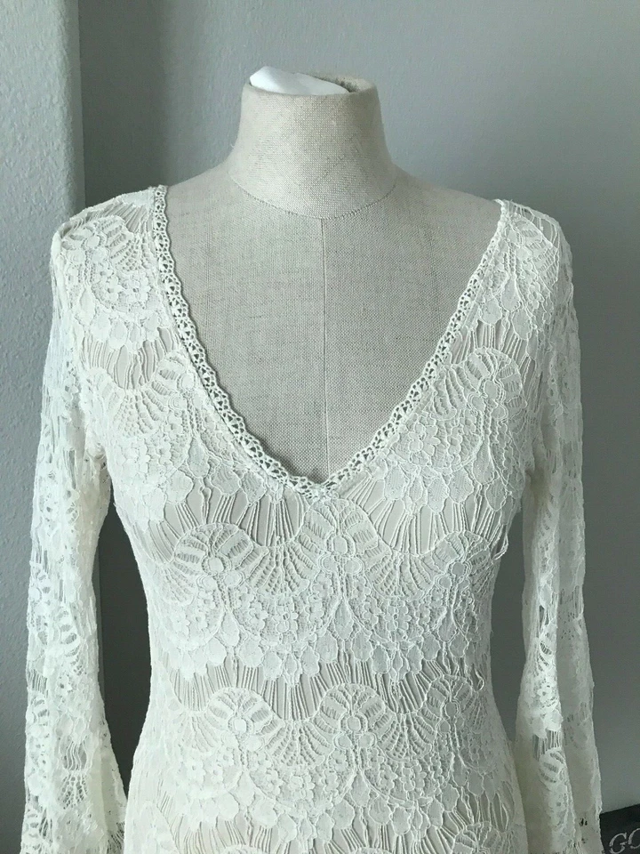 Cut Out VNeck Women Ivory Lined Lace Dress Criss Cross Back Long Bell Sleeve - Image 4 of 4