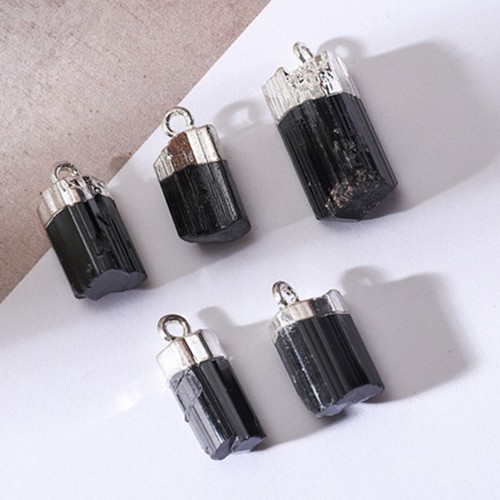 1PC Natural Black Tourmaline Pendant Raw Crystal Silver Gold Trim For Necklace - Picture 10 of 10